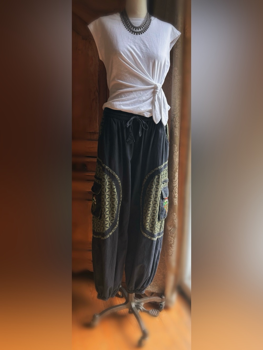 Boho Festival Mushroom & Flower of Life Harem Pants/Sacred GeometryCargo joggers